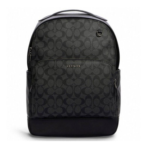 COACH/蔻驰 男士黑灰拼色PVC配皮经典双C字母徽标印花装饰拉链开合双肩包手提包旅行包背包男包 C2935QBMI5