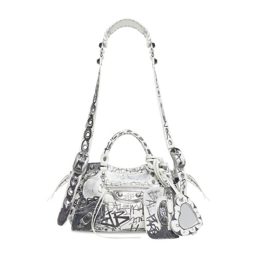 Balenciaga/巴黎世家 22秋冬新款 NEO CAGOLE MODEL XS系列 女士白色黑色涂鸦印花小羊皮复古银色饰面拉链开合拆卸心形镜子单肩包700940210GD9060