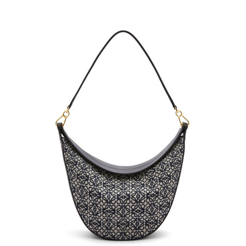 LOEWE/罗意威 22春夏新款LUNA系列 女士海军蓝/黑色老花帆布配皮压纹徽标金扣配可拆卸肩带单肩手提腋下新月hobo流浪包A923PL9X01-5938