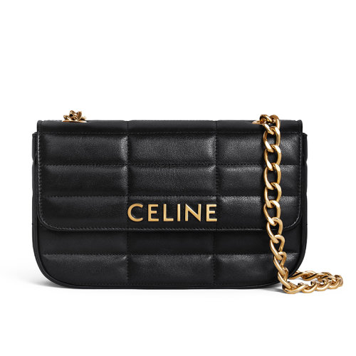 CELINE/赛琳 22新款MATELASSE MONOCHROME系列 女士黑色绗缝羊皮革徽标金扣单肩斜跨链条包111273EPZ.38NO