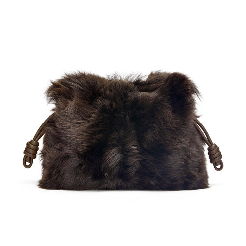 LOEWE/罗意威 22秋冬新款 女士深棕色长毛托斯卡纳羊毛皮磁扣抽绳收紧拆卸调节肩带肩背斜挎弗拉门戈手拿包A411FC1X81-3110
