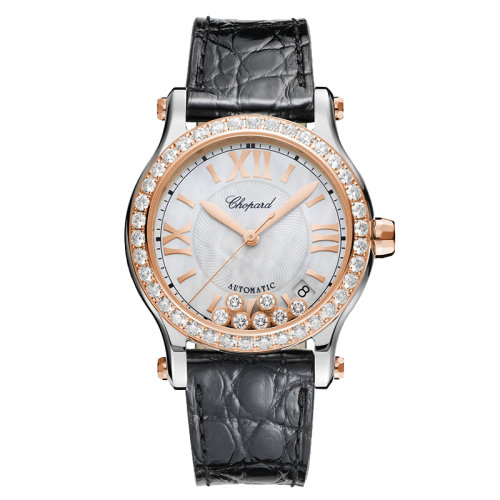  Chopard/萧邦  Happy Sport系列 自动机械表精钢玫瑰金镶钻表壳黑色闪亮鳄鱼皮表带女表36毫米278559-6006