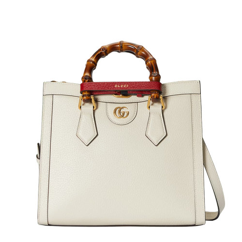 GUCCI/古驰 22春夏新款Diana系列 女士小号白色皮革红色饰带金扣双竹节提手黄绿肩带单肩手提托特包702721U3ZDT9196