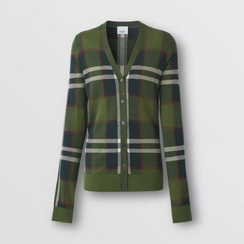  BURBERRY 22年秋冬 女士 格纹嵌花丝棉混纺羊毛开衫 80558371