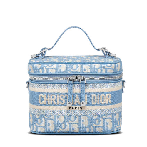 DIOR/迪奥 22春夏新款TRAVEL系列 女士小号矢车菊蓝老花刺绣银扣拉链开合单肩斜跨手提梳妆包S5529VRIW_M917