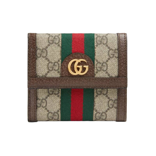 GUCCI/古驰 新款Ophidia GG系列 女士棕色GG Supreme帆布皮革翻盖钱包 52317396IWG8745