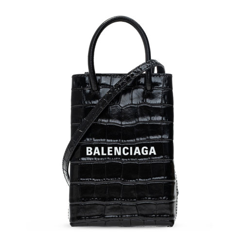 Balenciaga/巴黎世家 女士黑色鳄鱼压纹皮革字母徽标印花手机座包斜挎包单肩包手提包女包 593826-1U61N 多色可选