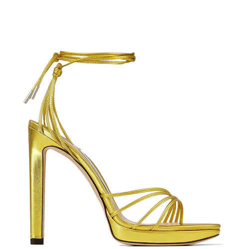 Jimmy Choo/周仰杰 22年秋冬新款 Antia PF/120系列 女士酸黄色金属感纳帕皮革系带凉鞋ANTIAPF120MNA