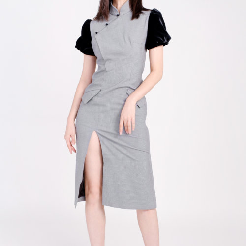 bifubyxingchen/彼伏灰色旗袍领羊腿袖女士连衣裙