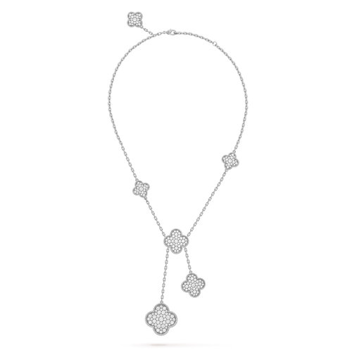 Van Cleef & Arpels/梵克雅宝 经典Magic Alhambra系列 18K金白金镶嵌满钻6花四叶草项链VCARN9MP00