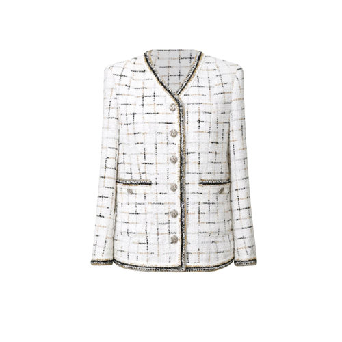 GeleiStory/GeleiStory 春季新款复古金丝编织格纹V领小香风百搭短外套 女士夹克