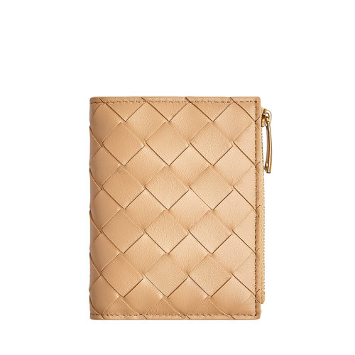 Bottega Veneta/葆蝶家 22春夏新款 女士杏仁色Intrecciato编织皮革双折按扣钱包608059VCPP32700