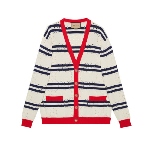 GUCCI/古驰 22年春夏新款 女士红色/海军蓝色纯棉条纹老花镂空设计长袖开衫毛衣691543XKCAG9189