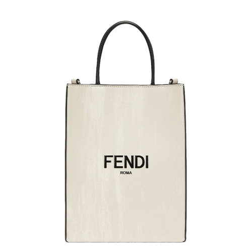 FENDI/芬迪 20  FENDI PACK系列 男士小号白色小牛皮黑色FENDI ROMA印花双提手单肩斜挎手提购物包7VA512ADP6F1F0X