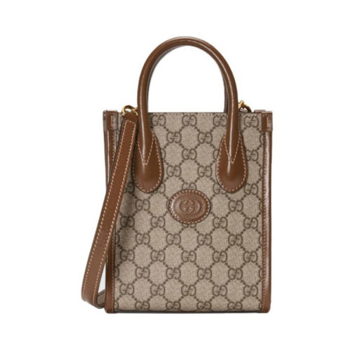 GUCCI|古驰 GG Retro 老花logo 皮革徽标 帆布拼皮 托特包 单肩斜挎手提包 迷你