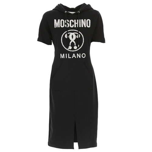 MOSCHINO/莫斯奇诺  时尚图案字母印花 女士黑色棉质连帽短袖连衣裙 04405526A3555