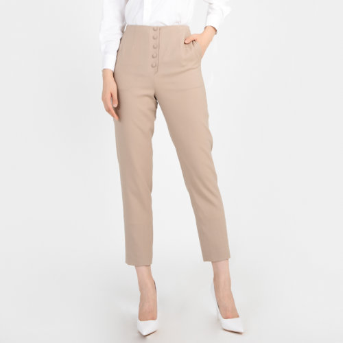 bifubyxingchen/彼伏卡其色前排装饰扣羊毛收腿裤女士西裤