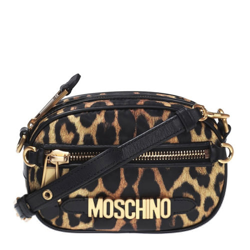 MOSCHINO/莫斯奇诺 女士棕色聚酰胺经典字母徽标豹纹印花拉链开合小号单肩包斜挎包女包 B7411-8211-1555