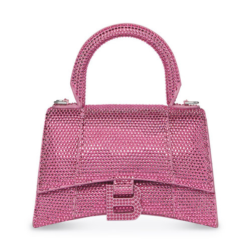 Balenciaga/巴黎世家 22新款 HOURGLASS MODEL XS系列 女士粉色绒面小牛皮饰有水钻做旧银色饰面拆卸调节肩带肩背手提包59283328D0Y5872