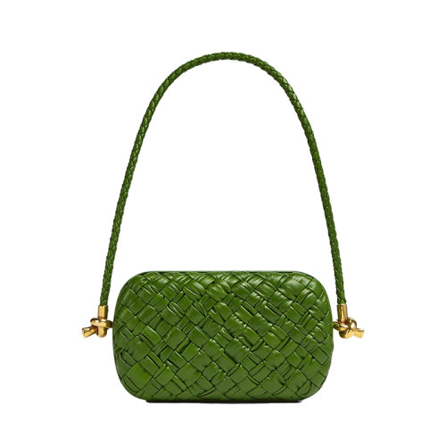 Bottega Veneta/葆蝶家 22新款 Minaudière系列 女士牛油果绿色羔羊皮带褶皱Intrccio图案磁扣框架开合单肩包717623V2H413150