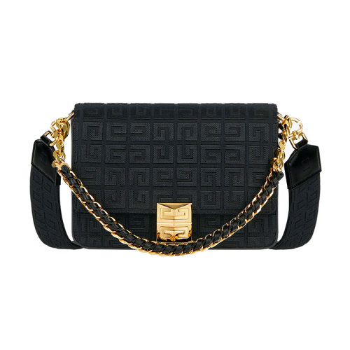 Givenchy/纪梵希 22新款 女士中号黑色刺绣压花帆布配皮革金属磁扣开合拆卸帆布宽肩带金属链金色饰面单肩斜挎手提包BB50L1B18Z-001