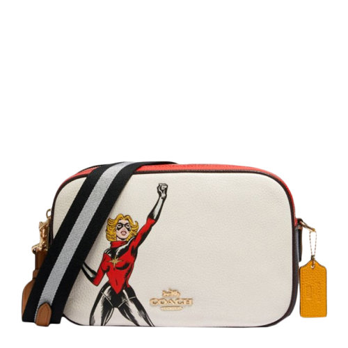 COACH/蔻驰 限量漫威联名系列女士黑白橙拼色牛皮革金属字母徽标惊奇队长JES装饰拉链开合斜挎包单肩包小方包女包 F2545IMCAH