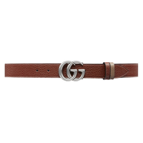 GUCCI/古驰 22年春夏新款 男士砖红色/棕色皮革银色双G带扣双面窄版腰带30毫米643847CAO2N6780
