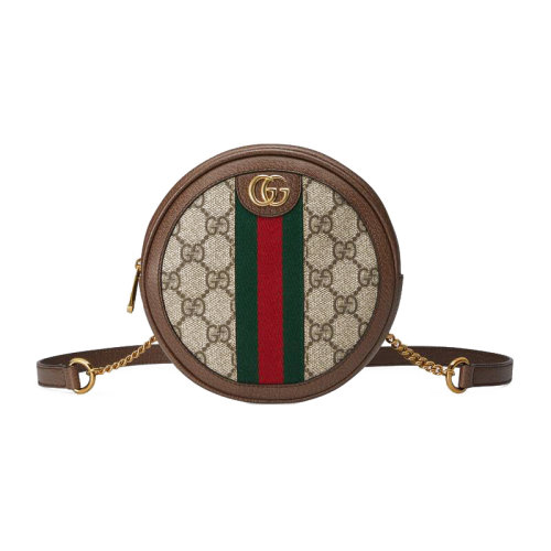 【香港】GUCCI/古驰 女包 Ophidia系列帆布拼接棕色皮革小圆饼双肩背包链条迷你小包