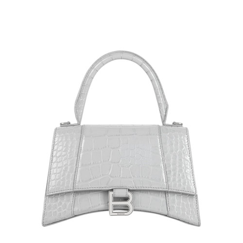 Balenciaga/巴黎世家 22春夏新款HOURGLASS系列 女士小号浅灰色闪亮鳄鱼压纹牛皮革银扣单肩手提沙漏包5935461LR6Y1108