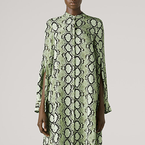 St.John/盛蔷21春夏女士短袖衬衫绿色蛇纹桑蚕丝中长款连衣裙K113C03