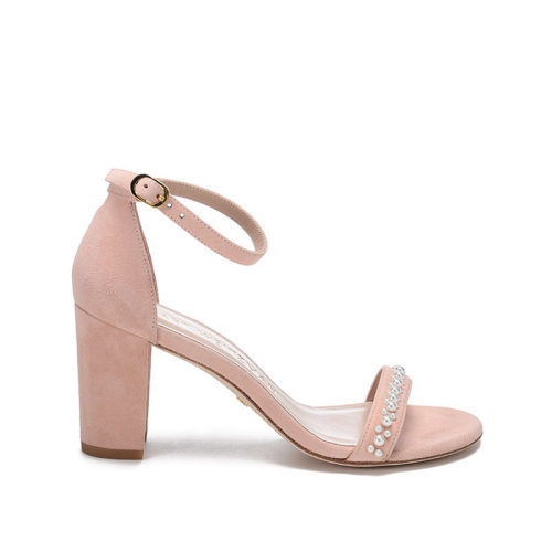Stuart Weitzman/斯图尔特韦茨曼【22春夏新款】女士绒面革一字带粗跟鞋高跟凉鞋 NEARLYNUDE DEMIPEARL
