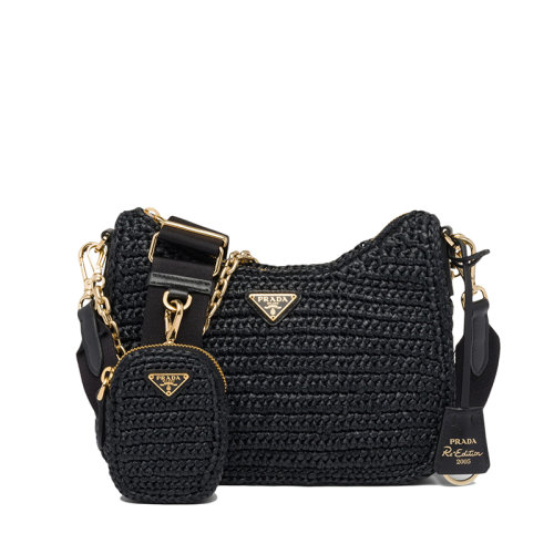 PRADA/普拉达 22新款Re-Edition 2005系列 女士黑色酒椰纤维金属三角形徽标可拆卸拉链式小袋单肩手提包1BH204_2A2T_F0002_V_V9L