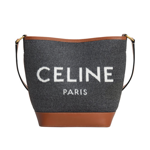 CELINE/赛琳 22新款 女士小号灰色/米色纺织配小牛皮按扣开合单肩斜挎水桶包191442ENU.09BE