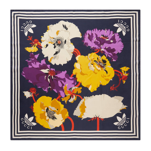 GUCCI/古驰 22年秋冬新款 adidas联名系列 女士海军蓝色桑蚕丝加大花朵印花围巾丝巾方巾6925943G0014175