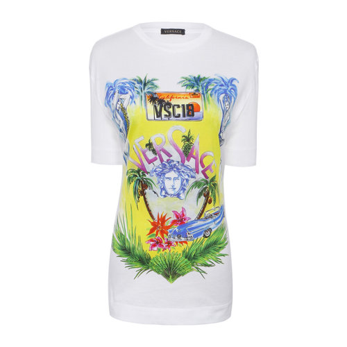 VERSACE/范思哲 女士白色棉质经典彩色字母徽标美杜莎头像装饰圆领上衣短袖T恤 A79096-A224838-A7017