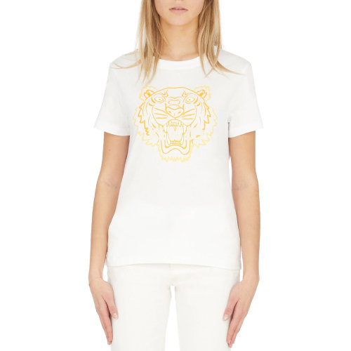 Kenzo/高田贤三 女士白色棉质经典虎头图案装饰圆领短袖上衣T恤 FC52TS8464YG-01B