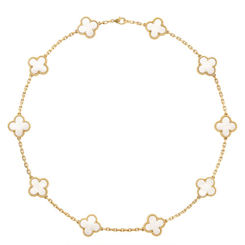 Van Cleef & Arpels/梵克雅宝 经典Vintage Alhambra系列 18k金黄金镶嵌白珍珠母贝10四叶草项链VCARA42800