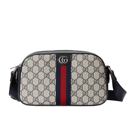 Gucci/古驰 22春夏新款Ophidia系列 男士米色/蓝色提花帆布红蓝织带银色徽标老花单肩相机包 68106496IWN4076