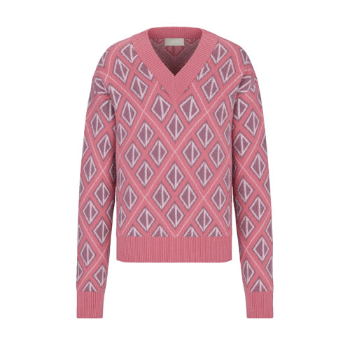 DIOR/迪奥 22年早春新款 男士粉色羊毛和羊绒混纺针织面料CD Diamond图案针织衫毛衣283M641AT067_C484