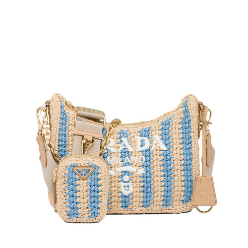 PRADA/普拉达 22新款Re-Edition 2005系列 女士棕褐色浅蓝色柳条编织拉链拉合单肩斜挎手提包1BH204_2A2T_F0O8A_V_V9R