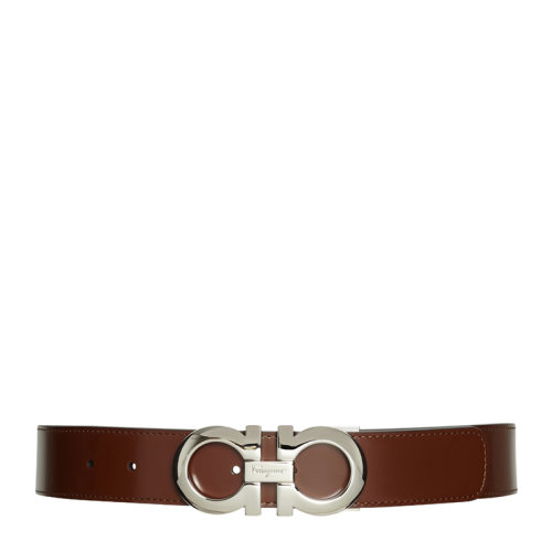 Salvatore Ferragamo/菲拉格慕 男士棕色牛皮磨砂钯金色Gancini扣饰双面可用腰带皮带 675542-746520（99新未使用）