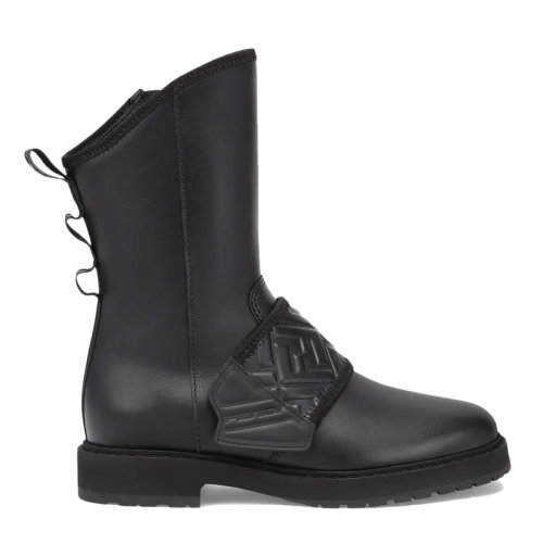 FENDI/芬迪 女士黑色经典双F徽标压花标内里羊毛侧面拉链鞋尾缎带踝靴短靴马丁靴作战靴女靴 8T8076-AEGD-F08M4