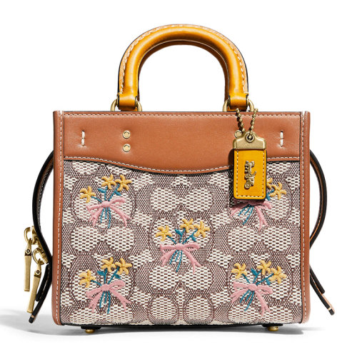 COACH/蔻驰 Rogue系列17女士拼色织物配皮经典双C纹提花花束图案刺绣装饰拉链开合单肩包斜挎包手提包女包 C5465B4TA7