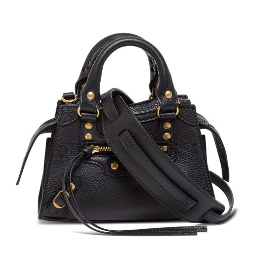 Balenciaga/巴黎世家 NEO CLASSIC系列女士黑色粒面小牛皮铆钉元素拉链开合单肩包斜挎包手提包梯形包女包 638527-15Y41-1000