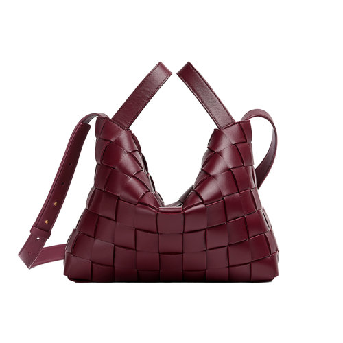Bottega Veneta/葆蝶家 22新款 女士中号巴罗洛紫色羔羊皮Intrecio图案拉链开合金色饰面拆卸肩带单肩手提保龄球包730327VMAY12247