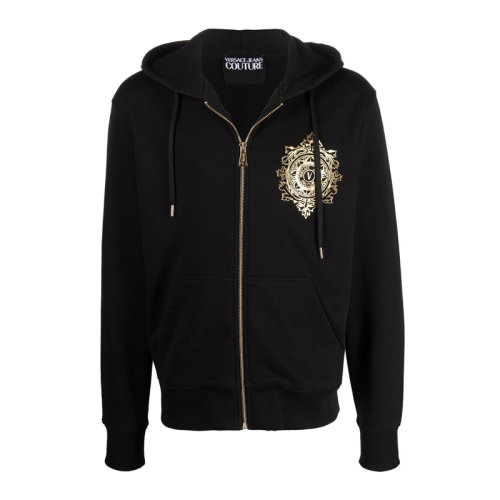 VERSACE JEANS/范思哲牛仔 男士黑色棉质经典字母徽标装饰拉链开合长袖上衣外套连帽衫运动衫 71GAIF06-CF00F-G89