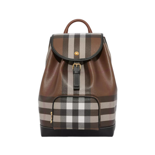 BURBERRY/博柏利 22新款 女士深棕色格纹皮革金色饰面搭扣抽绳开合皮革提手调节肩带双肩包80585981