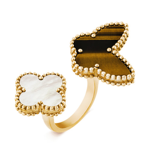 Van Cleef & Arpels/梵克雅宝 经典Lucky Alhambra系列 18k金黄金白珍珠贝母四叶草虎眼蝴蝶开口戒指/指环VCARN05800
