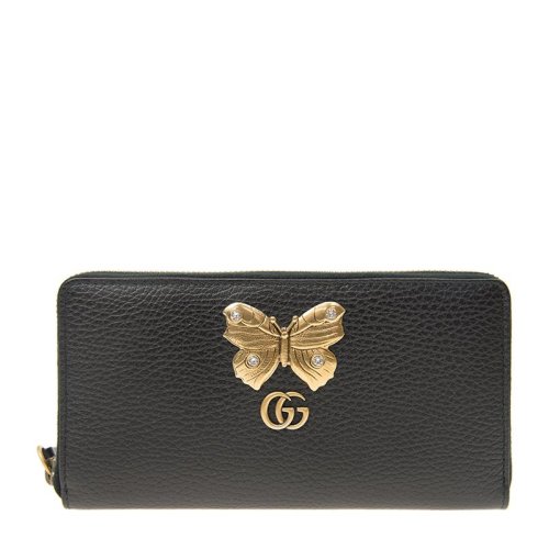 GUCCI 古驰  Animalier系列 女士黑色牛皮GG镶水晶金色蝴蝶装饰长款拉链钱夹钱包黑色