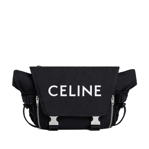 CELINE/赛琳 22春夏新款 男士中号白色CELINE印花黑色锦纶翻盖徒步斜挎单肩邮差包198692DMT.38SI